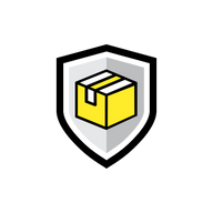 A simplified illustration of the Norton Shopping Guarantees yellow cardboard box with a white stripe, representing package protection, is placed on a gray shield against a black background.