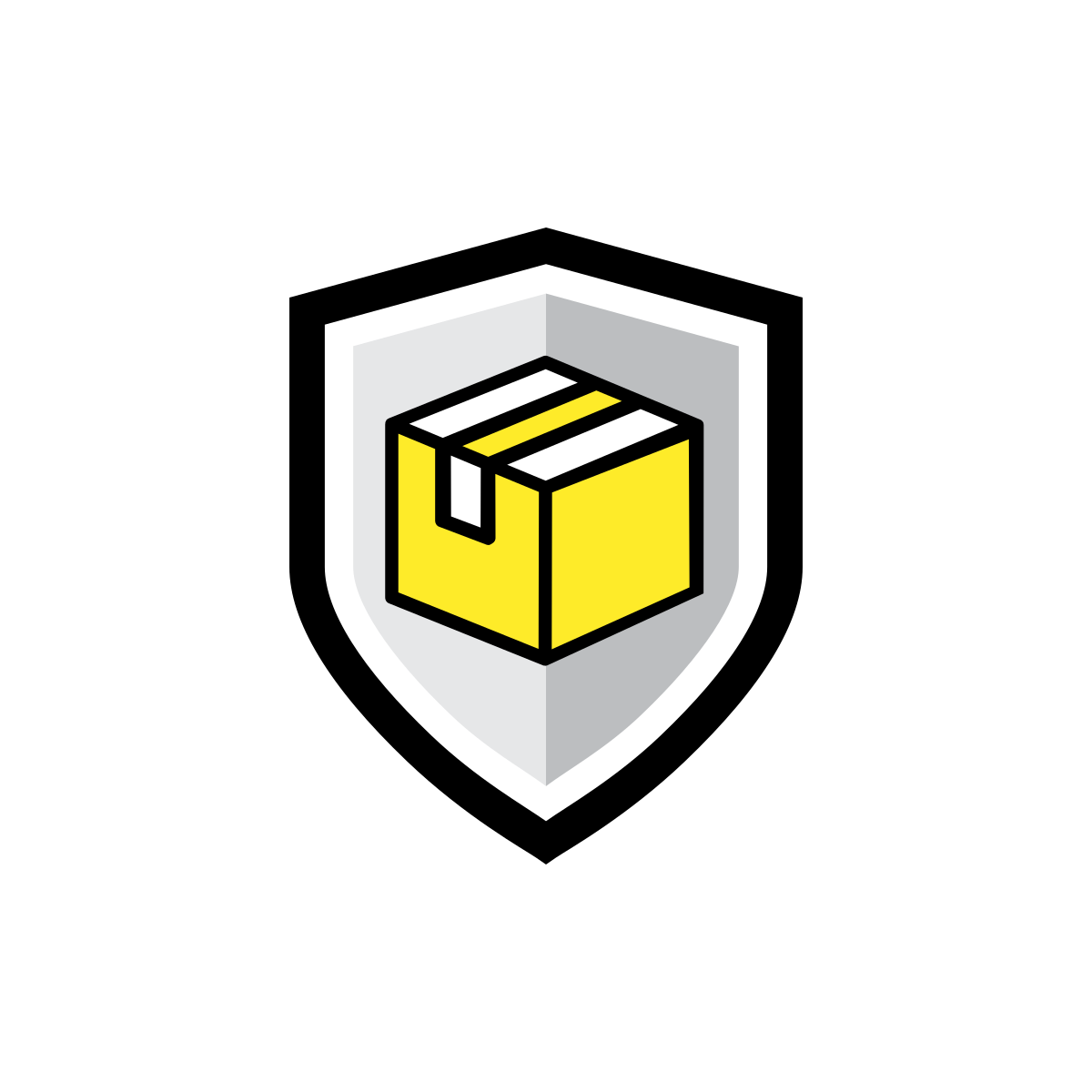 A simplified illustration of the Norton Shopping Guarantees yellow cardboard box with a white stripe, representing package protection, is placed on a gray shield against a black background.