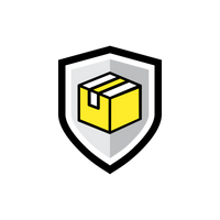 A simplified illustration of the Norton Shopping Guarantees yellow cardboard box with a white stripe, representing package protection, is placed on a gray shield against a black background.