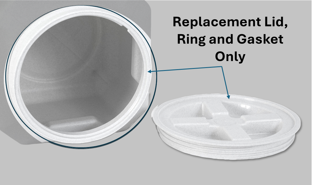 Close-up of the Gamma2 Vittles Vault Replacement 5.0 Lid with ring and gasket, detached from container. Text reads: "GAMMA2 Vittles Vault Replacement 5.0 Lid for select models—Lid, Ring, and Gasket Only," with an arrow to the parts.