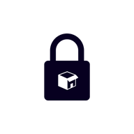 The minimalist black padlock icon on a white background, featuring a white cardboard box with an upward arrow, symbolizes secure packaging or shipping and represents ShipInsure Package Protection by ShipInsure.