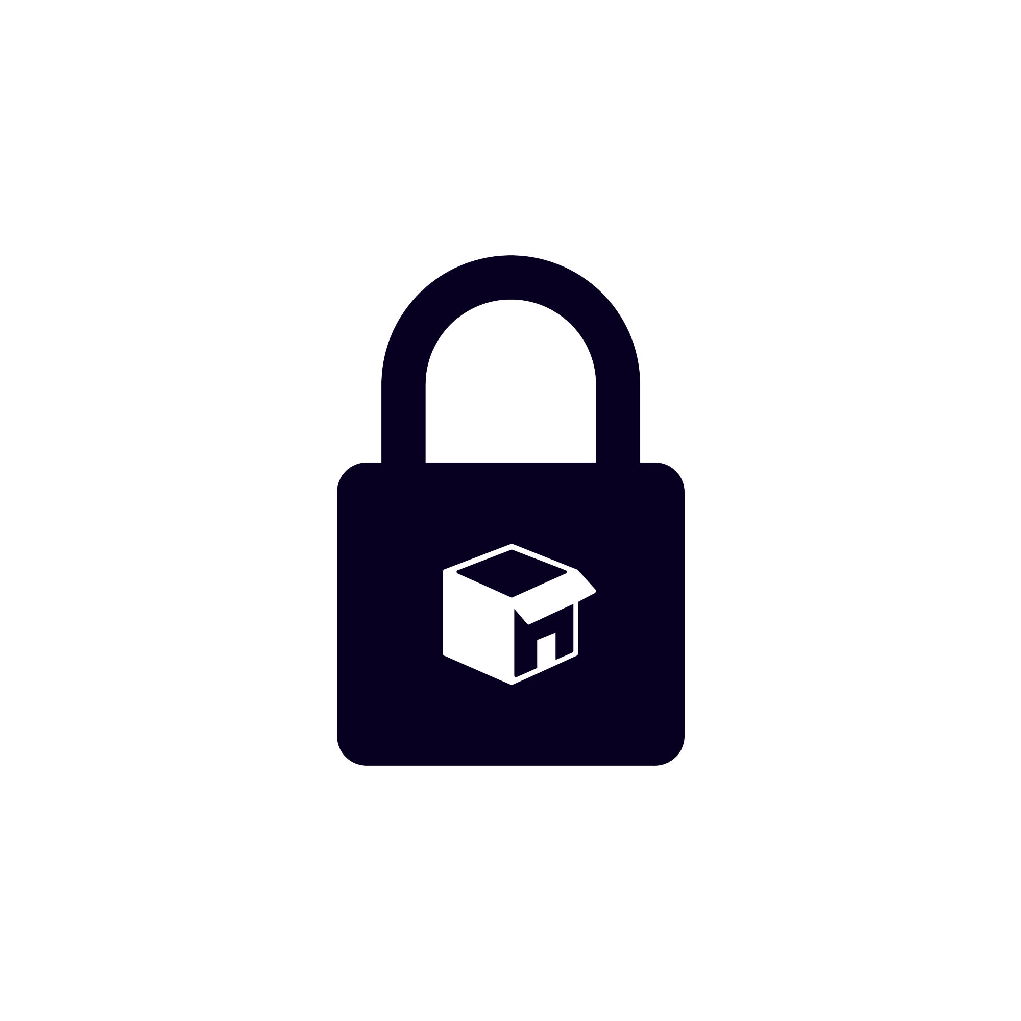 The minimalist black padlock icon on a white background, featuring a white cardboard box with an upward arrow, symbolizes secure packaging or shipping and represents ShipInsure Package Protection by ShipInsure.