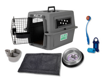 The Petmate Essential New Dog Bundle by Petmate, shown on a white background, includes a gray pet carrier with an open metal door, food and water bowls, kennel mat, metal dish, blue chew toy, and a dog ball launcher with orange ball.