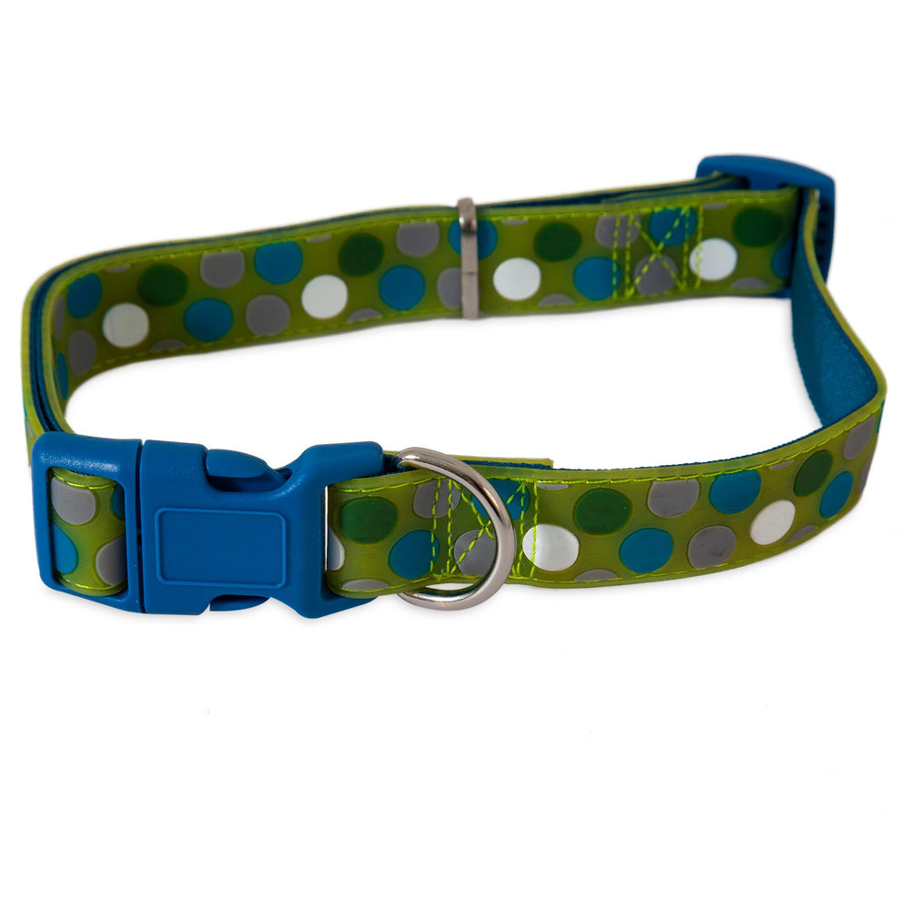 The Petmate Green Dots Glow in the Dark Dog Collar features green, white, and blue dots with a glow-in-the-dark effect. It has a durable blue plastic buckle and an adjustable metal ring for leash attachment, combining style and practicality for your pet.