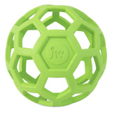 The JW Hol-ee Roller Dog Toy by Jw is a durable, engaging hexagon-patterned green hollow ball made from natural rubber. It features a circular center with jw, making it perfect for interactive pet play and puzzle-solving fun.