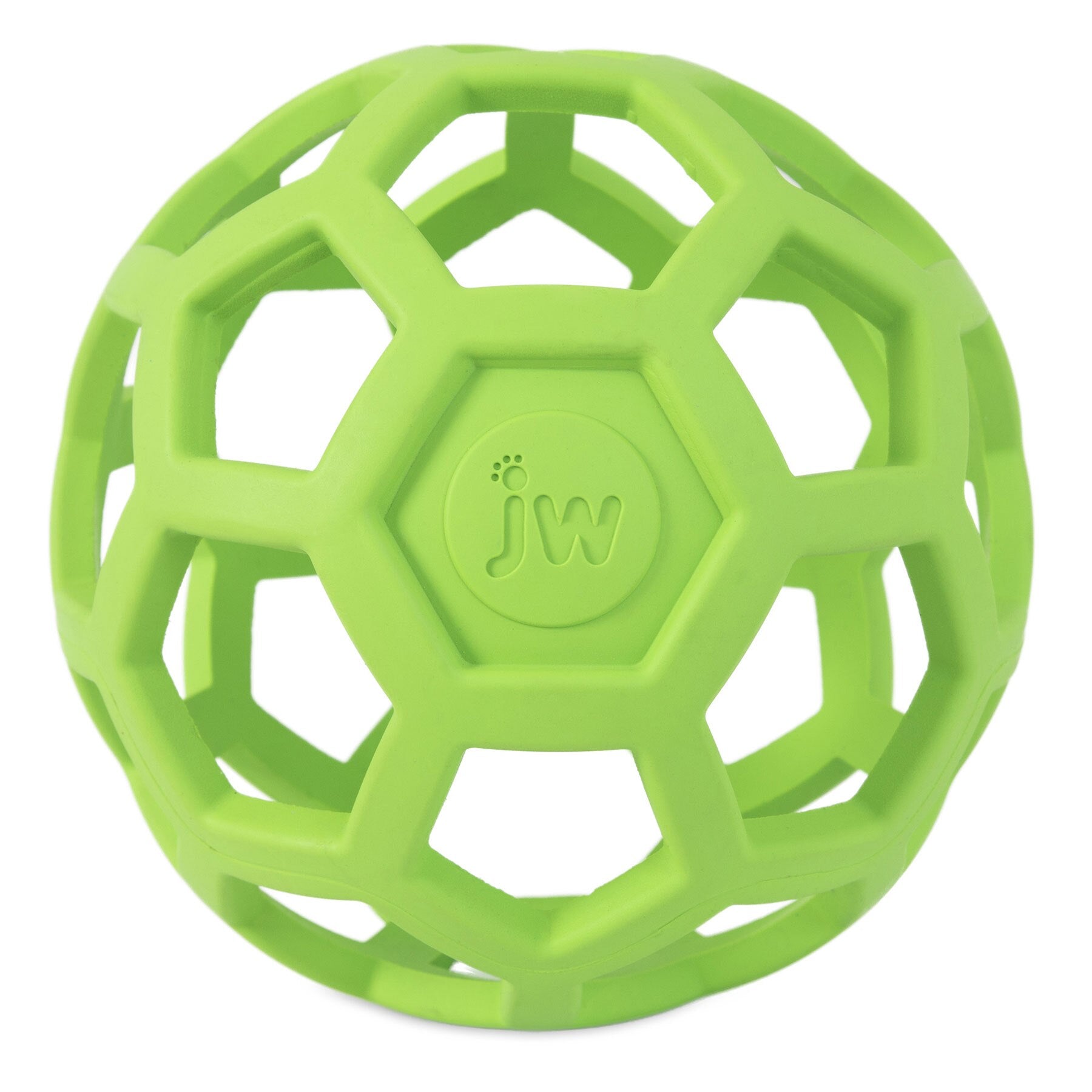 The JW Hol-ee Roller Dog Toy by Jw is a durable, engaging hexagon-patterned green hollow ball made from natural rubber. It features a circular center with jw, making it perfect for interactive pet play and puzzle-solving fun.