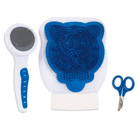Introducing the JW GripSoft Cat Grooming Kit by Jw: features a blue and white slicker pin brush with a round comb area, a grooming glove with a textured cat face design, and precision scissors with blue handles. Perfect for keeping your furry friend looking their best!.