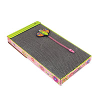 Check out the FAT CAT Big Mamas Scratch N Play Ramp by Fatcat, an eco-friendly recyclable cat scratcher with a floral pattern, green striped edges, and a butterfly-shaped toy on a pink string—ideal for fun and sustainability for your feline friend.