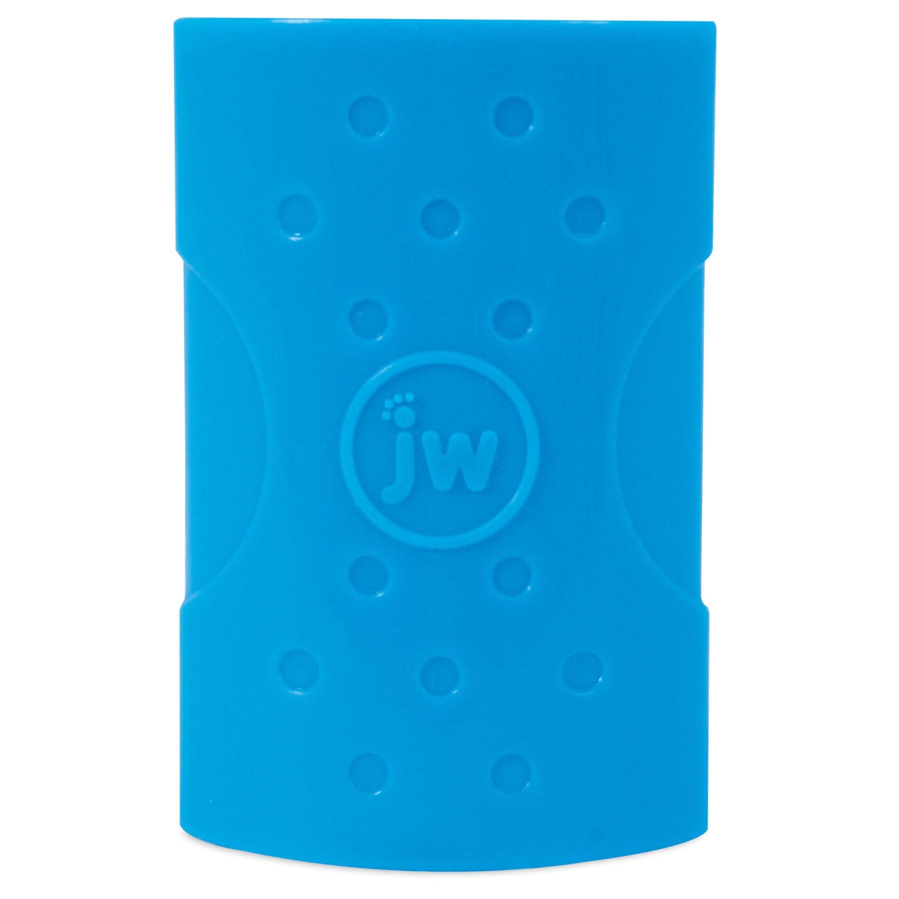 The JW Bird Perch Cleaner is a blue, rectangular rubber toy featuring rounded edges and a dotted texture, designed to brighten up a birds environment. The center displays embossed JW letters encircled by a raised border.