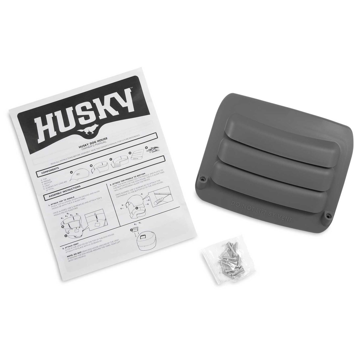 The Petmate Husky Shelter Vent Kit by Petmate is a gray vehicle part with three horizontal slats, accompanied by an instruction manual, installation guide, and a small bag of screws to ensure your pets safety.