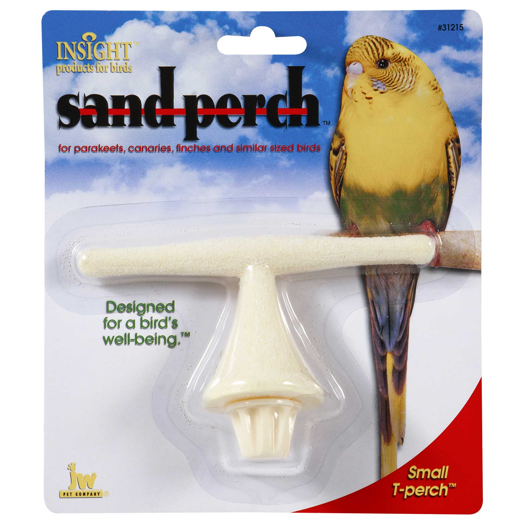 The JW Sand Bird T-Perch packaging by Jw shows a bright yellow and green parakeet. This off-white sand perch attaches easily to any cage, aiding a birds well-being while naturally trimming their nails and beak.