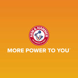 The Arm & Hammer logo features a strong arm with a hammer on a red circle, reading THE STANDARD OF PURITY. Beneath it, the slogan MORE POWER TO YOU appears on an orange gradient, now including MICROBAN® antimicrobial protection. This is seen on the Arm & Hammer Large Rimmed Wave Litter Box.