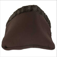 The Aspen Pet Kitty Cave Cat Bed by Aspen Pet features a dark brown triangular design with a plush, furry top made from high-loft recycled polyester. Its smooth sides contrast with the cozy cat cave-like texture, offering both comfort and eco-friendly appeal.