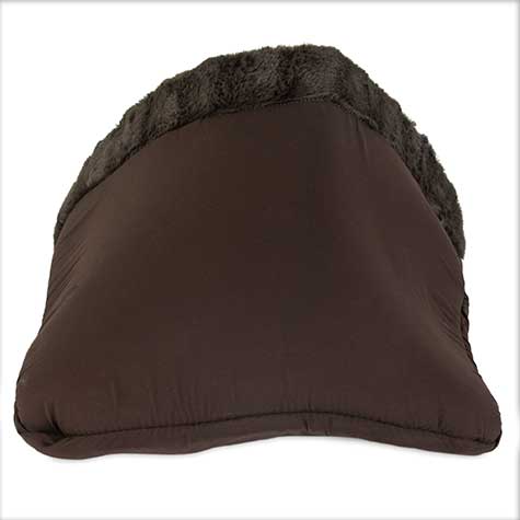 The Aspen Pet Kitty Cave Cat Bed by Aspen Pet features a dark brown triangular design with a plush, furry top made from high-loft recycled polyester. Its smooth sides contrast with the cozy cat cave-like texture, offering both comfort and eco-friendly appeal.