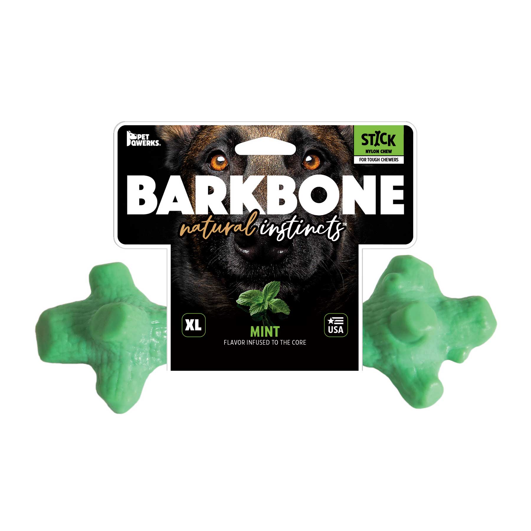 The packaging highlights the BarkBone Natural Instincts Mint Infused Stick Nylon Dog Chew, featuring a mint flavor to entice your dog. Made by Barkbone Natural Instincts in the USA, this light green bone-shaped toy is crafted from durable nylon.