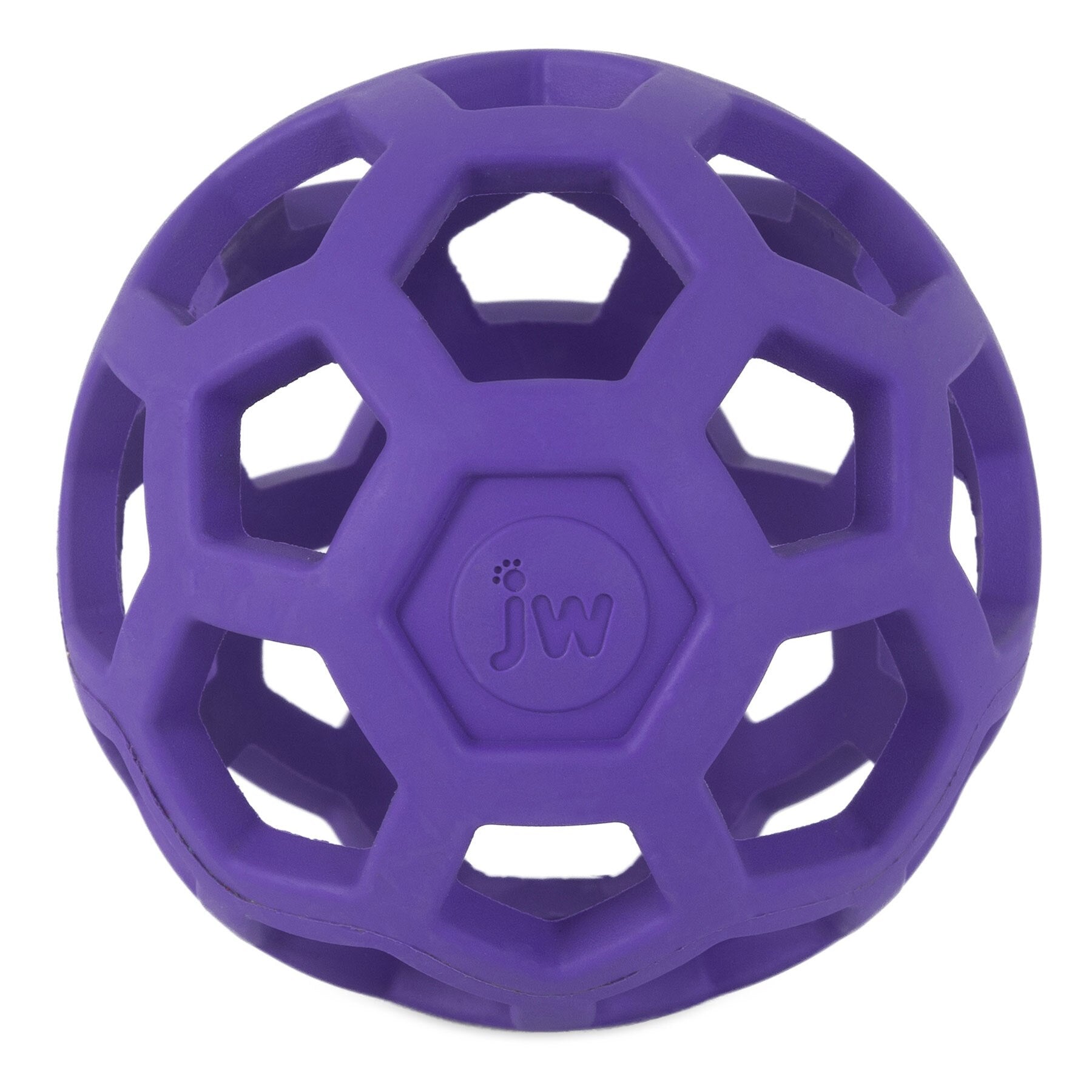 The JW Hol-ee Roller Dog Toy is a purple, hollow ball with a hexagonal mesh design made from natural rubber. With the letters jw embossed at the center, it offers both style and fun for playful pups.