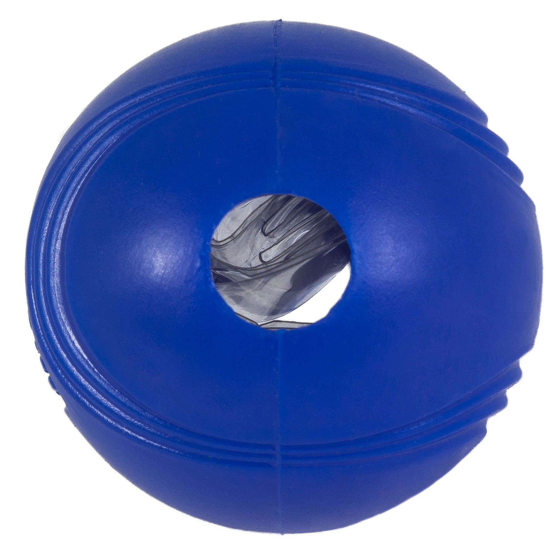 A durable, blue oval dog toy made from TPR features a hole in the center and textured lines. It emits a crackling sound dogs love, similar to the Chuckit Super Crunch Ball by Chuckit.