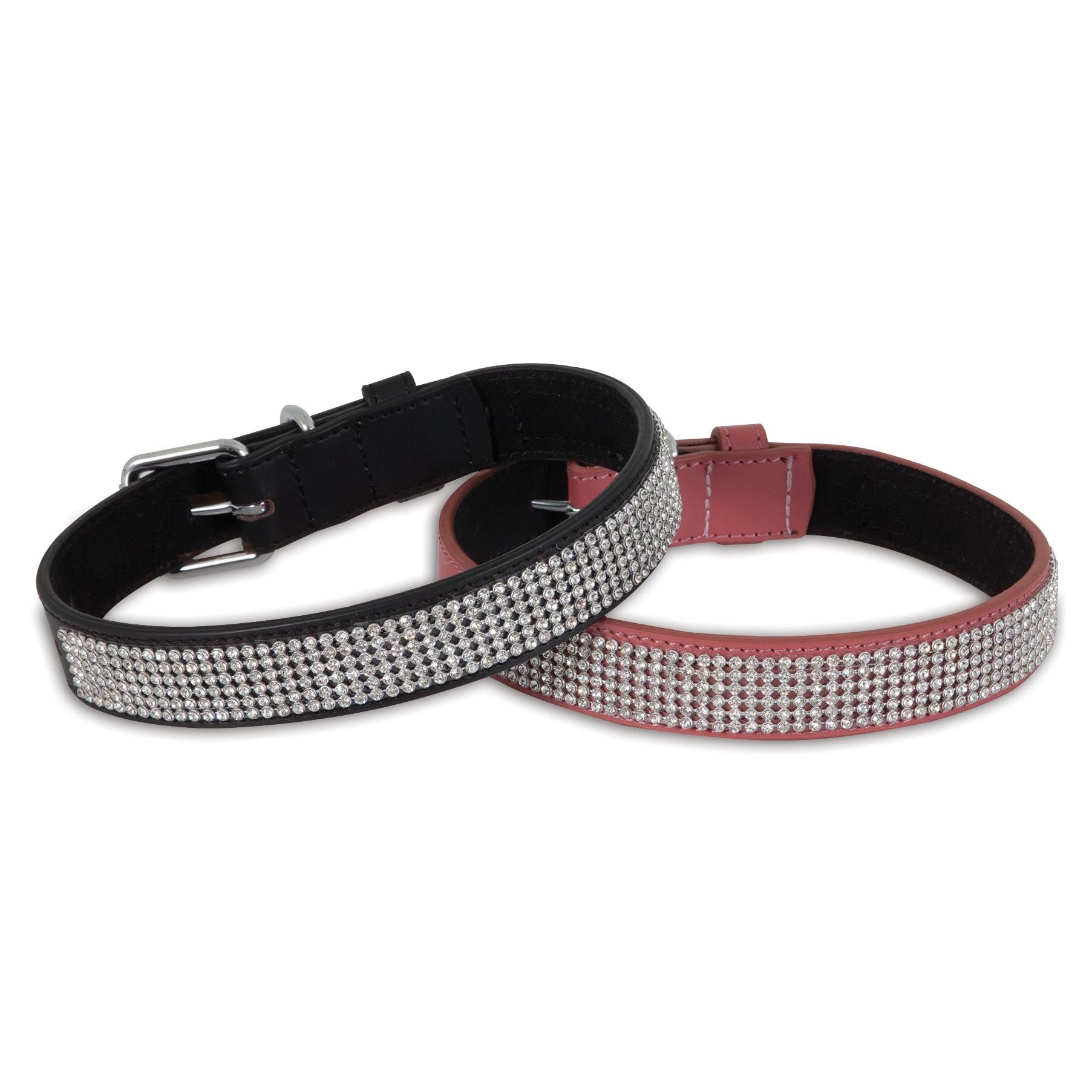 Two Petmate Bling Leather Custom Fit Collars, one in black and the other in red, feature sparkling rhinestones and metal buckle closures. They are stylishly arranged with a slight overlap on a pristine white background.