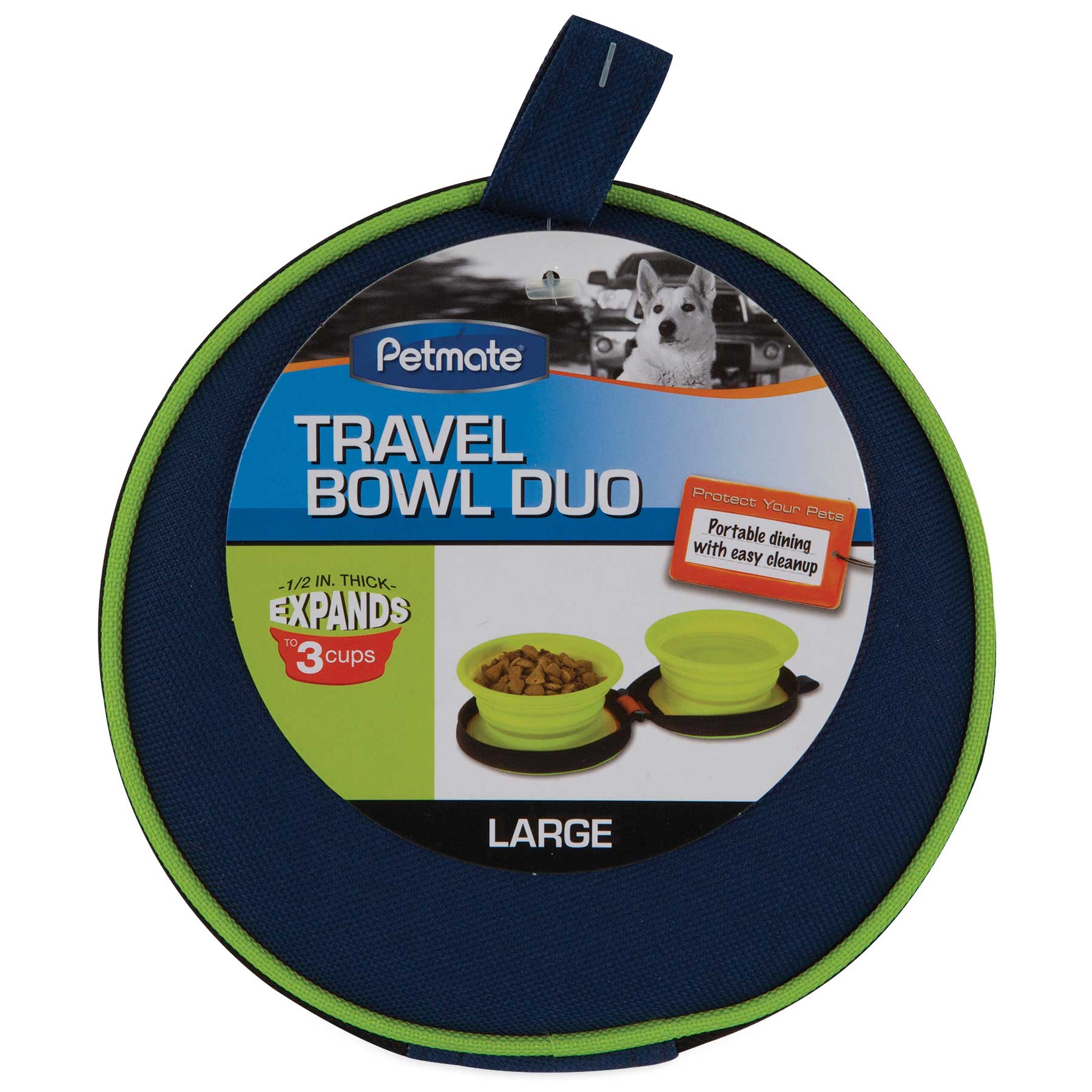 The Petmate Silicone Travel Bowl Duo packaging features collapsible green bowls, perfect for travel. It includes an image of a dog and emphasizes easy cleanup with a capacity of 3 cups. The blue and green design highlights its suitability as a travel pet accessory.