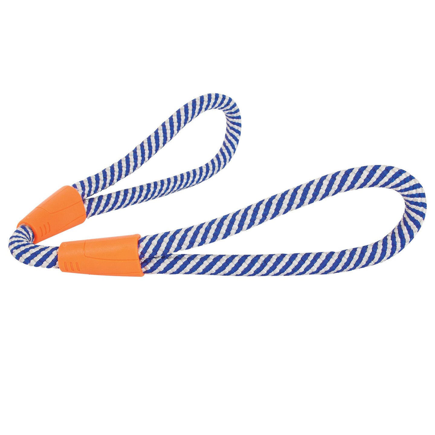 A blue and white striped jump rope with orange handles, looped in a coil, resembles the Chuckit Mountain Rope Tug by Chuckit—perfect for pet exercise.