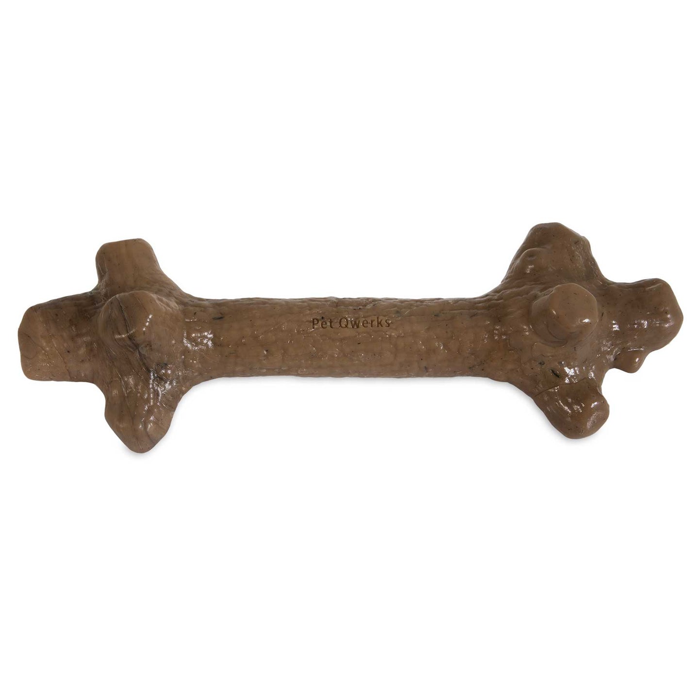 The BarkBone Natural Instincts Stick is a durable, peanut butter-infused nylon chew toy by Barkbone Natural Instincts, featuring a textured surface and Pet Qwerks embossed on its side. Perfect for aggressive chewers, it’s a brown stick-shaped toy ideal for dogs who love to chew.