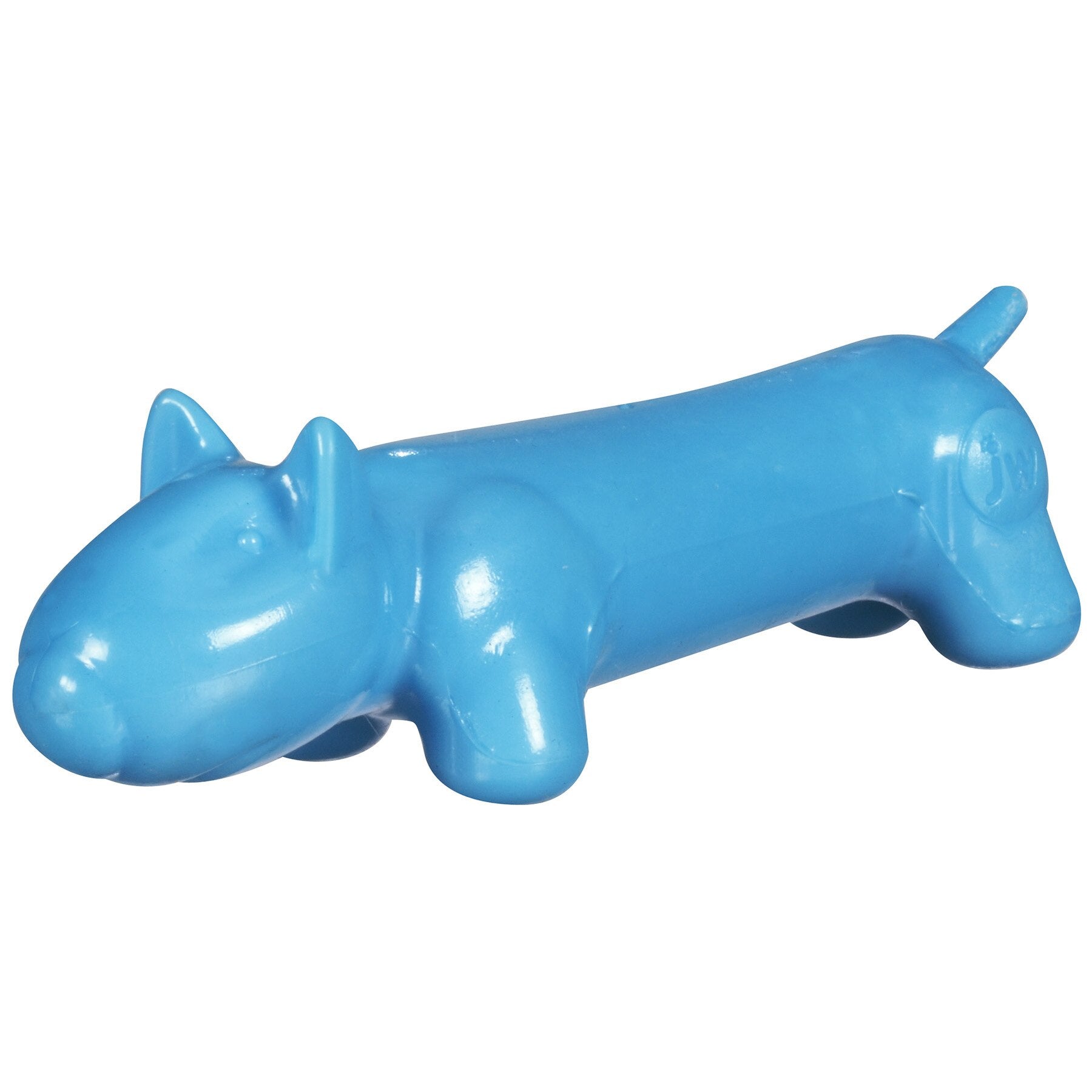 The JW Megalast Long Dog Squeaker Toy by Jw is a blue, stylized rubber chew toy with a long body, short legs, and a small tail. Made of durable TPR material, its perfect for endless playtime adventures.