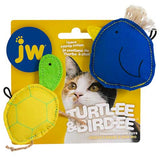 The JW Bird-ee & Turtl-ee Catnip Cat Toy Combo features a playful design with a turtle in textured yellow and green fabrics and a blue bird with a vibrant yellow beak. The packaging highlights its organic catnip content and includes an image of a curious cat.