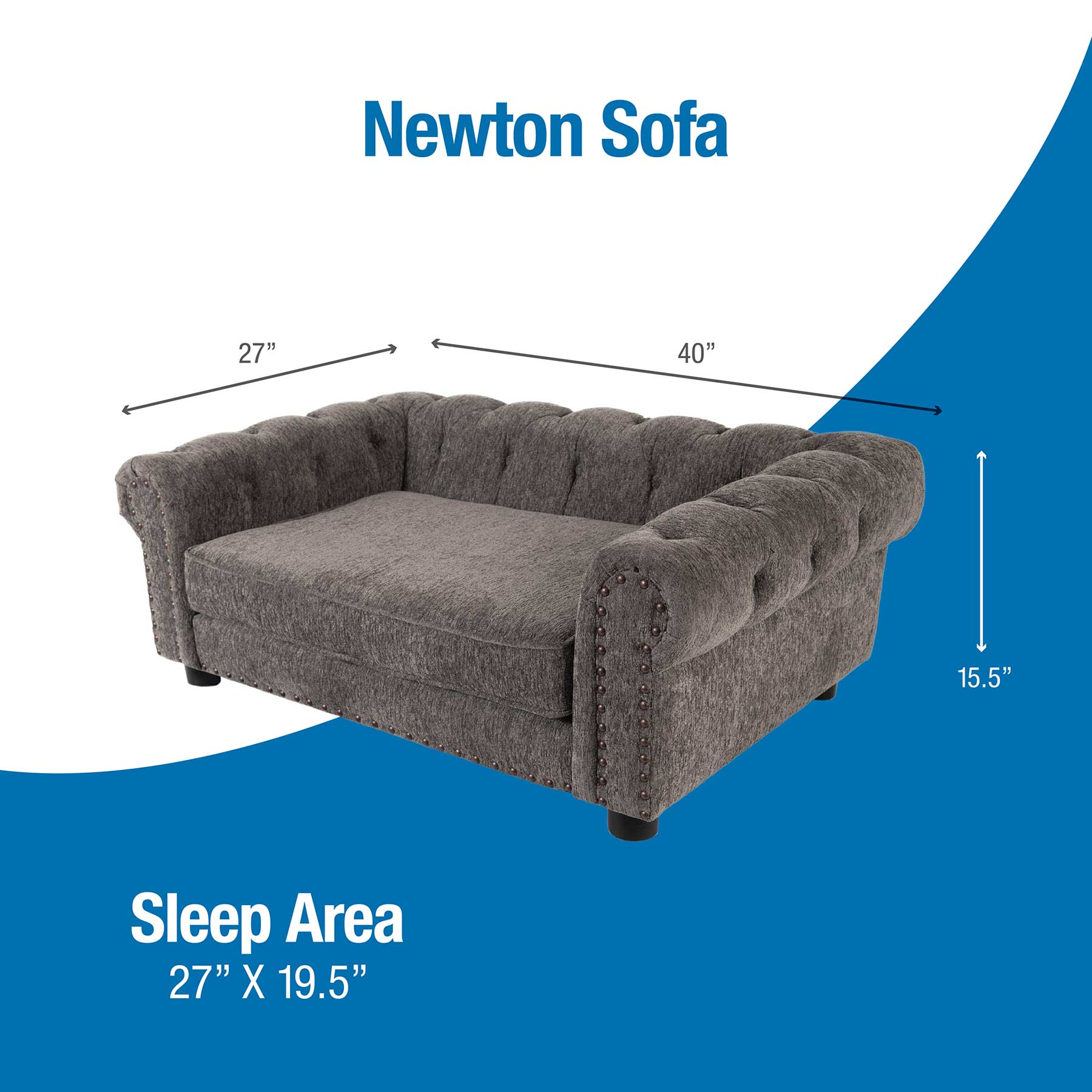 The La-Z-Boy Newton Sofa Dog Bed, featuring grey textured chenille and rolled arms, provides a classic style. It has a seat depth of 27 inches, width of 40 inches, height of 15.5 inches, and a sleep area measuring 27 by 19.5 inches—perfectly suited as an elegant pet sofa.