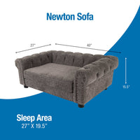 The La-Z-Boy Newton Sofa Dog Bed, featuring grey textured chenille and rolled arms, provides a classic style. It has a seat depth of 27 inches, width of 40 inches, height of 15.5 inches, and a sleep area measuring 27 by 19.5 inches—perfectly suited as an elegant pet sofa.