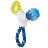 The JW Puppy Connects Teething Chew Toy by Jw is a durable puppy toy that features a blue textured ball, yellow rubber section, white connector, teething ring, and a blue and yellow rope loop for chewing and interactive tug play.