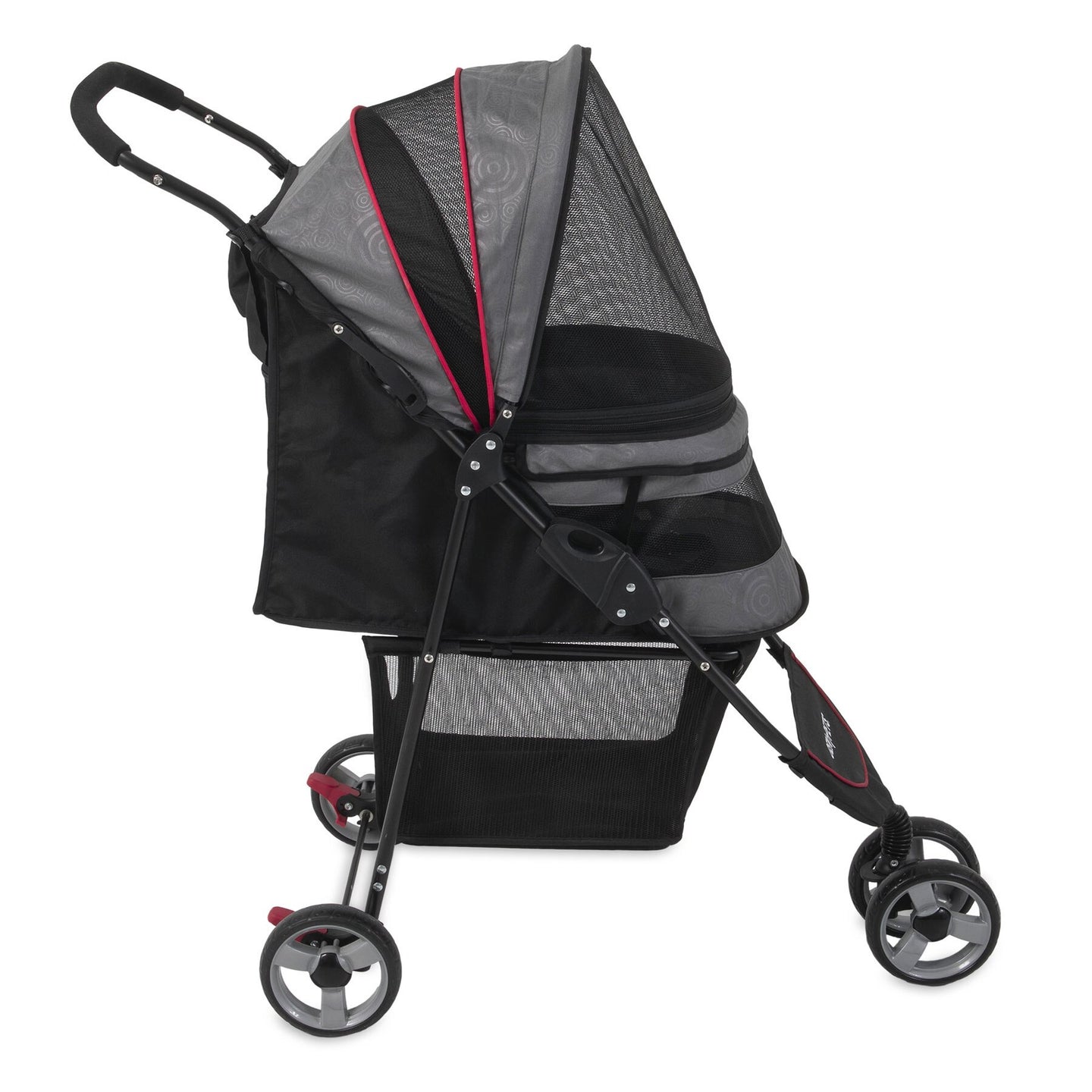 The Gen7Pets Grey Shadow Regal Plus Pet Stroller by Gen7 showcases a side view with a gray and black design, Smart Canopy, four wheels, red accent, rear handlebar, and storage basket underneath.