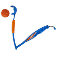 The Chuckit! Fetch & Fold Launcher by Chuckit is a blue and orange dog ball launcher with an ergonomic rubber grip, perfect for the dog park. Its sleek design lets you easily hold and throw the vibrant orange ball for endless fun.