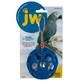 Packaging for the JW Pet Hol-ee Roller Bird Toy by JW features a blue natural rubber ball with hexagonal openings and an internal bell. It includes a parrot image and usage instructions.