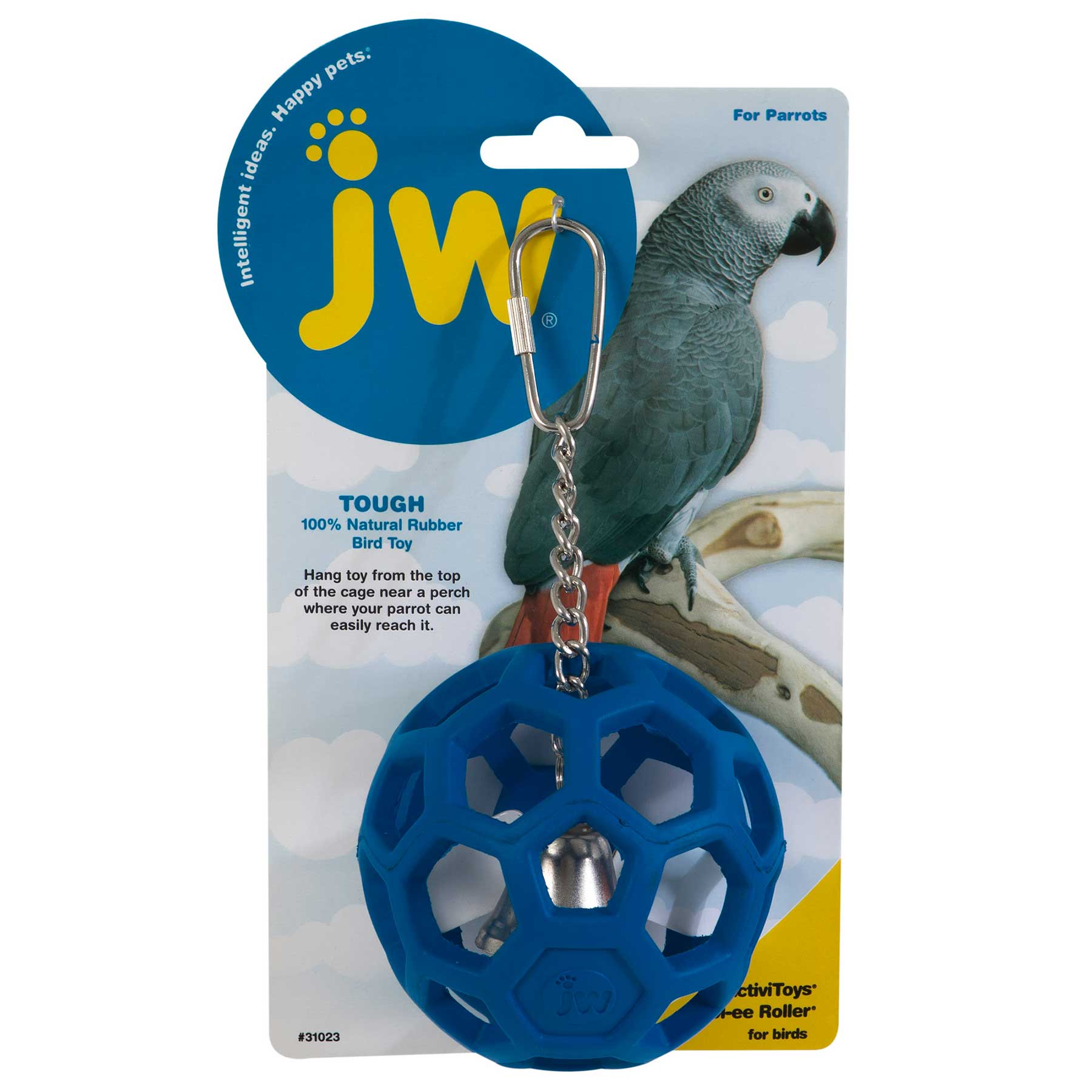 Packaging for the JW Pet Hol-ee Roller Bird Toy by JW features a blue natural rubber ball with hexagonal openings and an internal bell. It includes a parrot image and usage instructions.