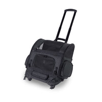 The Gen7Pets Black Geometric Roller-Carrier, by Gen7, features a sleek black design and extended telescopic handle for easy maneuvering. Its patterned fabric and multiple pockets add practicality, while its angled four-wheel setup on a white background makes it uniquely stand out.