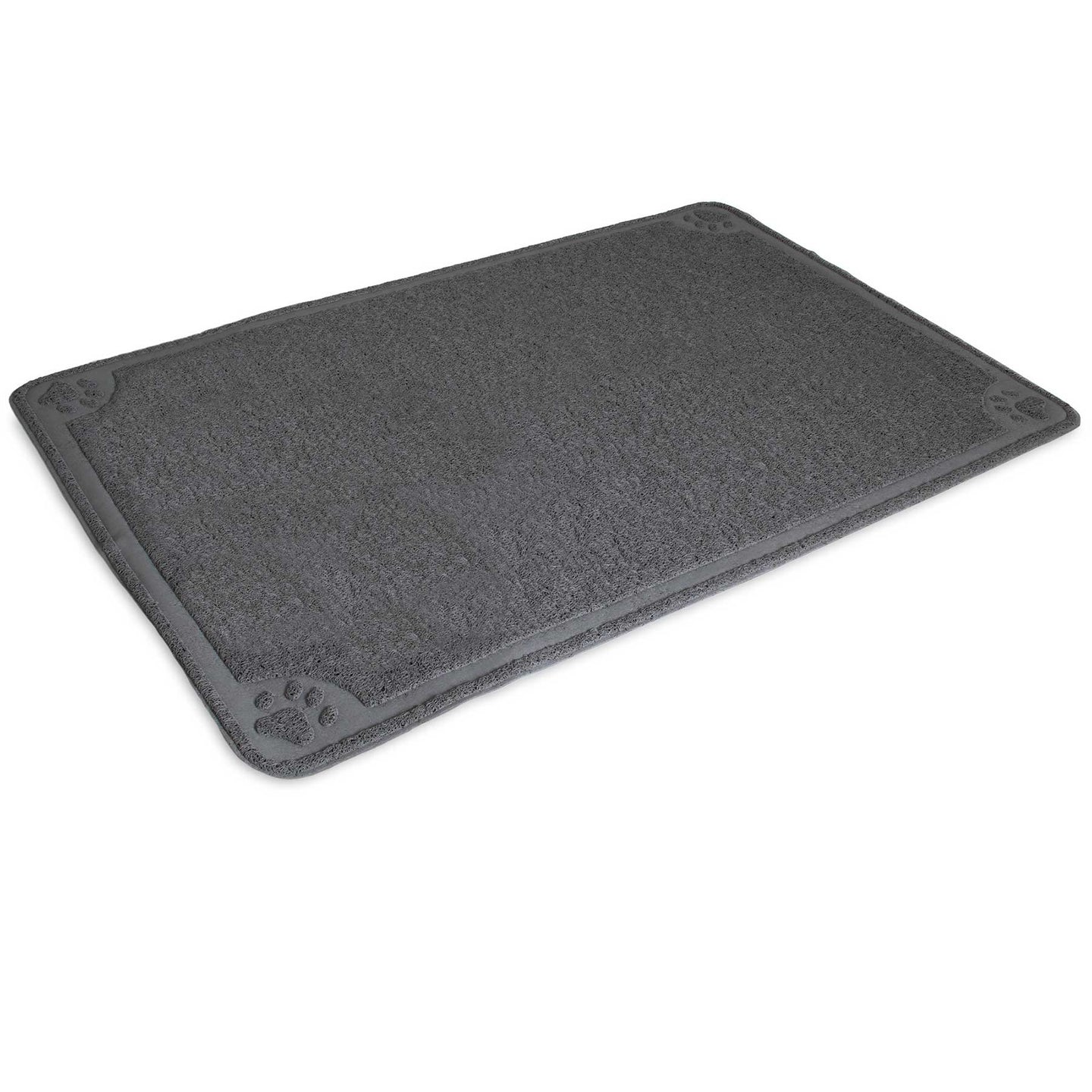 The Petmate Extra Large Litter Catcher Mat, by Petmate, is a rectangular gray mat with a textured surface and small paw print patterns in each corner. Designed for catching litter box excess, its slightly raised edge effectively contains spills.