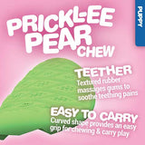 The JW Prickl-ee Pear Puppy Teether Chew Toy from JW, against a pink background, has textured rubber for gum massage and dental health. Its curved shape makes it easy to carry and grip, perfect for teething puppies.