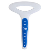 The JW Gripsoft Undercoat Rake, by Jw, is a white and blue pet grooming tool designed like a T-shaped toothbrush. It features a non-slip blue handle with JW embossed on it and has a top with a broad, flat white surface containing a triangular opening for efficient grooming.
