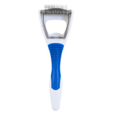 The JW Gripsoft Cat Deshedding Tool by Jw features a GripSoft blue rubber handle and metal comb head with sharp, thin stainless steel blades for effective grooming.