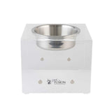 The PetFusion Elevated Bowls for Dogs & Cats feature a clear acrylic stand and stainless steel bowl, promoting better digestion. Its cube design offers visibility from all sides, perfect for multi-pet homes, providing comfort and convenience.