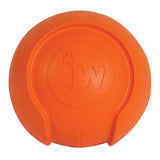 The JW iSqueak Bouncin Baseball by Jw is an orange, heavy-duty rubber dog toy with a spherical shape, slightly flattened sides, and two curved ridges. It features a jw emboss and Safe-Squeaker Technology for durable fun.