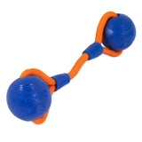 Discover the Chuckit! Crunch Duo Tug Dog Toy from Chuckit, featuring two blue rubber balls linked by a bright orange rope. Perfect for playtime, each ball is embossed with Chuckit! for endless canine fun.