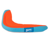 The Chuckit! Amphibious Boomerang fetch toy, featuring a textured surface and curved design, offers unsinkable, high-visibility fun both on land and water. It includes a small blue tag with Chuckit! for easy brand recognition.
