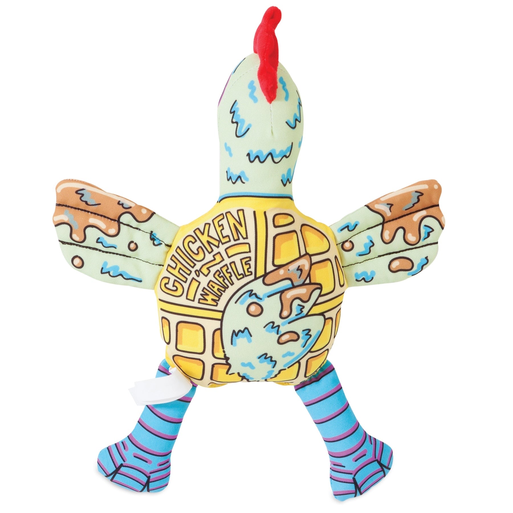 Introducing the FAT CAT Foodies Chicken n Waffles Dog Toy by Fatcat! This delightful toy mimics a chicken with a waffle-patterned light green body, blue syrup-like design, striped blue and purple legs, and topped with a red comb. Experience Guaranteed Floppability® fun!.