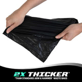 Two hands stretch an Arm & Hammer MAX Blackout Dog Waste Bag, demonstrating its thickness, which is twice that of standard bags. The graphic text reads 2X Thicker *Than Standard Arm & Hammer Waste Bags, emphasizing their superior durability.