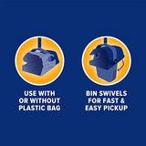 Illustration of Arm & Hammer Swivel Bin & Rake: Left bin, with odor control, labeled Use with or without plastic bag; Right swivel bin, labeled Bin swivels for fast & easy pickup. Both shown in orange circles on a dark blue background.