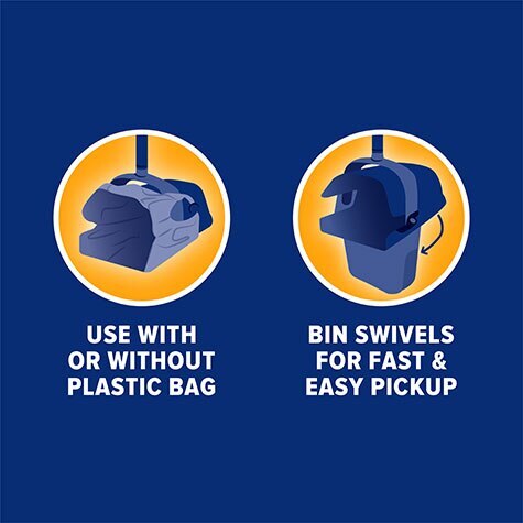 Illustration of Arm & Hammer Swivel Bin & Rake: Left bin, with odor control, labeled Use with or without plastic bag; Right swivel bin, labeled Bin swivels for fast & easy pickup. Both shown in orange circles on a dark blue background.