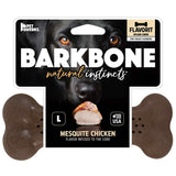 The BarkBone Natural Instincts packaging features a dog image above the product name, BarkBone Natural Instincts Mesquite Chicken Flavorit Nylon Dog Chew. It is large, USA-made, perfect for tough chewers, and highlights the Mesquite Chicken Flavor.