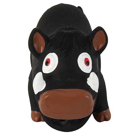 The Zoobilee Grunting Latex Warthog Dog Toy is perfect for medium to large breeds. It features exaggerated details, like big white eyes with red pupils and a round, flat nose, and produces a charming grunting noise to keep your pup entertained.
