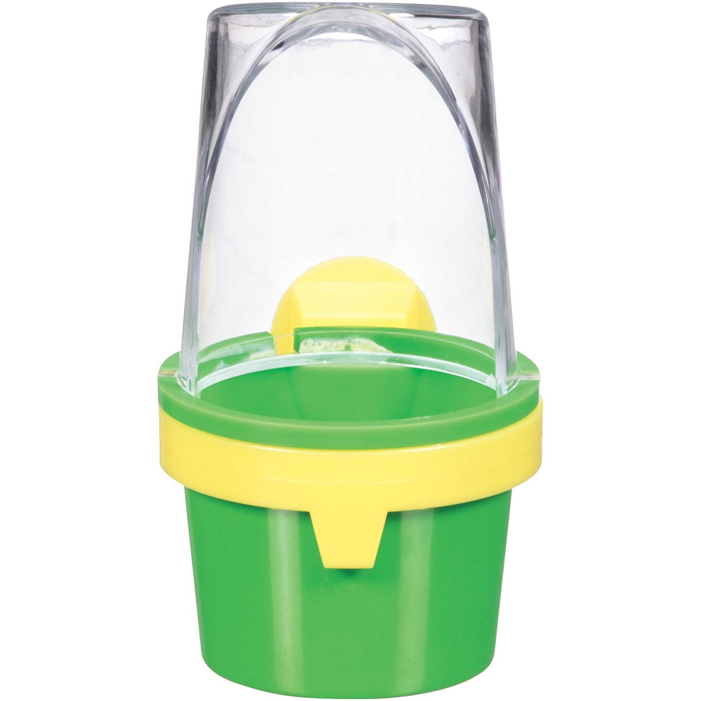 The JW Clean Cup Bird Feed & Water Cup by Jw is a green bird feeder with a yellow accent and a transparent dome-shaped top cover to protect food. It attaches with a yellow band, making it an ideal cage accessory for your pet birds.
